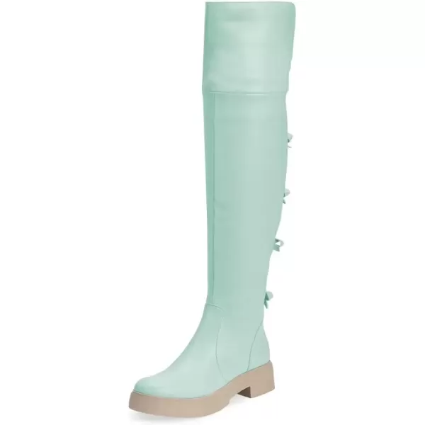imageFSJ Women Over The Knee Boots Round Toe Side Zipper Low Block Heel Flat Long Booties Small Bow Decor Fashion Dress Thigh High Boots Size 415 USTurquoise