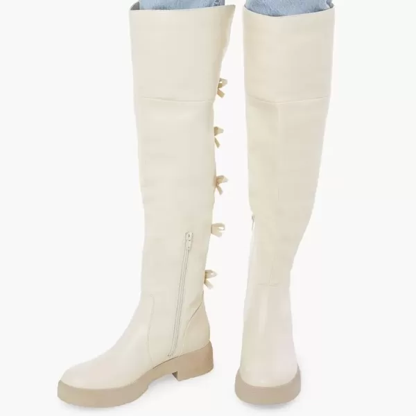 imageFSJ Women Over The Knee Boots Round Toe Side Zipper Low Block Heel Flat Long Booties Small Bow Decor Fashion Dress Thigh High Boots Size 415 USWhite