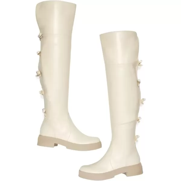 imageFSJ Women Over The Knee Boots Round Toe Side Zipper Low Block Heel Flat Long Booties Small Bow Decor Fashion Dress Thigh High Boots Size 415 USWhite