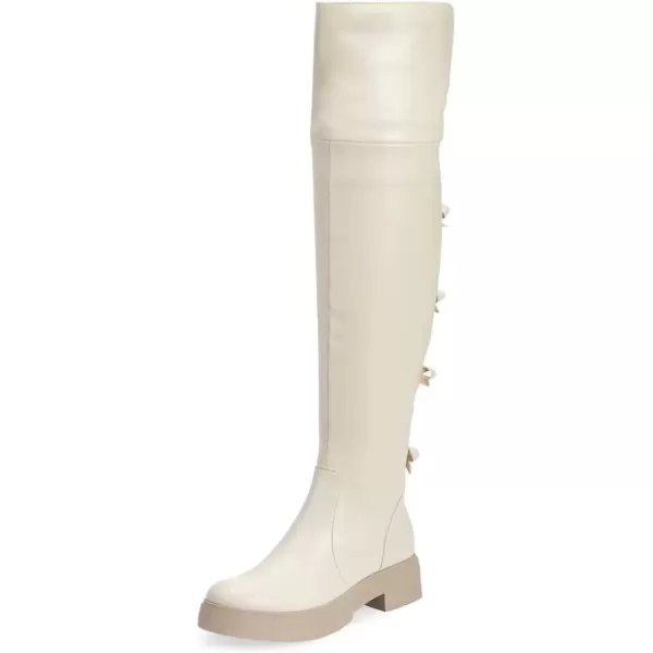 imageFSJ Women Over The Knee Boots Round Toe Side Zipper Low Block Heel Flat Long Booties Small Bow Decor Fashion Dress Thigh High Boots Size 415 USWhite