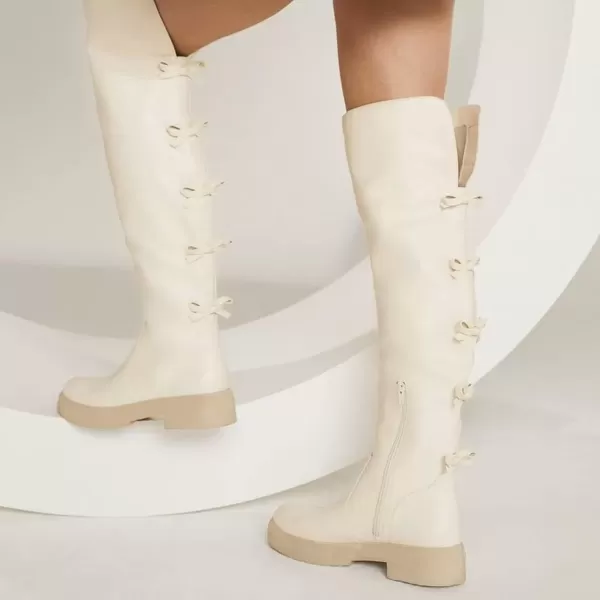 imageFSJ Women Over The Knee Boots Round Toe Side Zipper Low Block Heel Flat Long Booties Small Bow Decor Fashion Dress Thigh High Boots Size 415 USWhite
