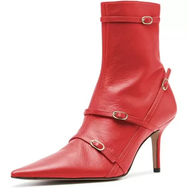 imageFSJ Women Pointed Toe Ankle Boots with Cross Buckle Straps Decoration Fashion Elegant Mid Low Heel Booties Ankle Wrap Zip Up Evening Party Dress Shoes Size 415 USRed