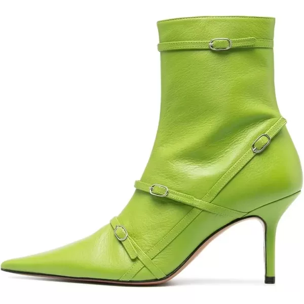 imageFSJ Women Pointed Toe Ankle Boots with Cross Buckle Straps Decoration Fashion Elegant Mid Low Heel Booties Ankle Wrap Zip Up Evening Party Dress Shoes Size 415 USGreen