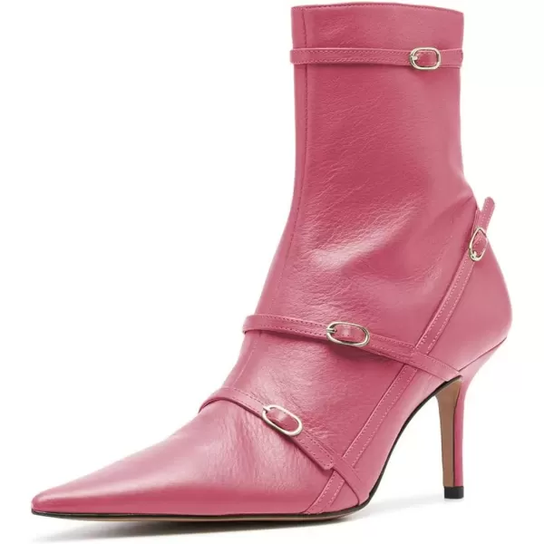 imageFSJ Women Pointed Toe Ankle Boots with Cross Buckle Straps Decoration Fashion Elegant Mid Low Heel Booties Ankle Wrap Zip Up Evening Party Dress Shoes Size 415 USPink