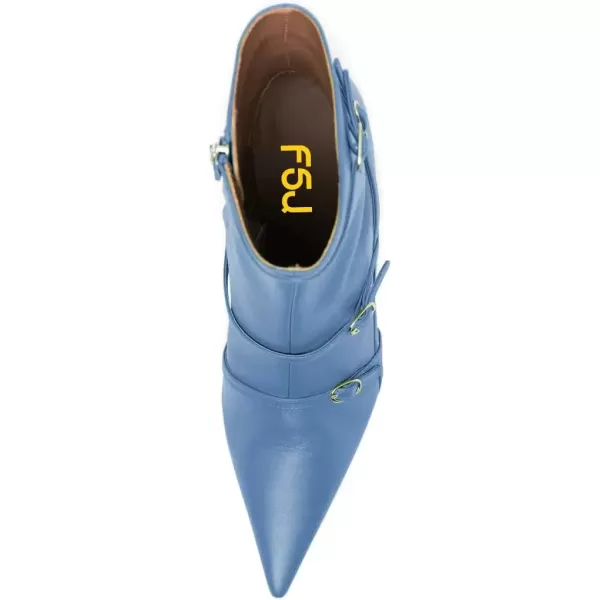 imageFSJ Women Pointed Toe Ankle Boots with Cross Buckle Straps Decoration Fashion Elegant Mid Low Heel Booties Ankle Wrap Zip Up Evening Party Dress Shoes Size 415 USBlue