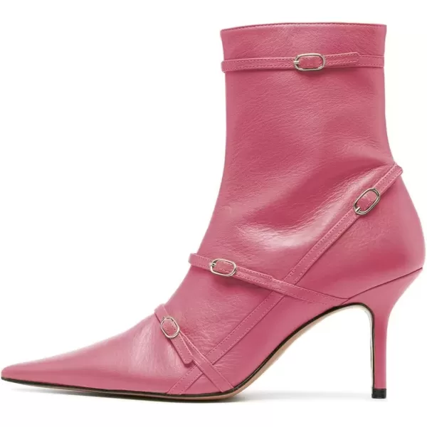 imageFSJ Women Pointed Toe Ankle Boots with Cross Buckle Straps Decoration Fashion Elegant Mid Low Heel Booties Ankle Wrap Zip Up Evening Party Dress Shoes Size 415 USPink