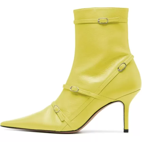 imageFSJ Women Pointed Toe Ankle Boots with Cross Buckle Straps Decoration Fashion Elegant Mid Low Heel Booties Ankle Wrap Zip Up Evening Party Dress Shoes Size 415 USLemon