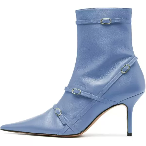 imageFSJ Women Pointed Toe Ankle Boots with Cross Buckle Straps Decoration Fashion Elegant Mid Low Heel Booties Ankle Wrap Zip Up Evening Party Dress Shoes Size 415 USBlue