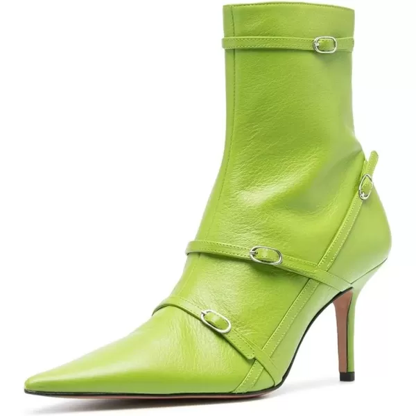 imageFSJ Women Pointed Toe Ankle Boots with Cross Buckle Straps Decoration Fashion Elegant Mid Low Heel Booties Ankle Wrap Zip Up Evening Party Dress Shoes Size 415 USGreen