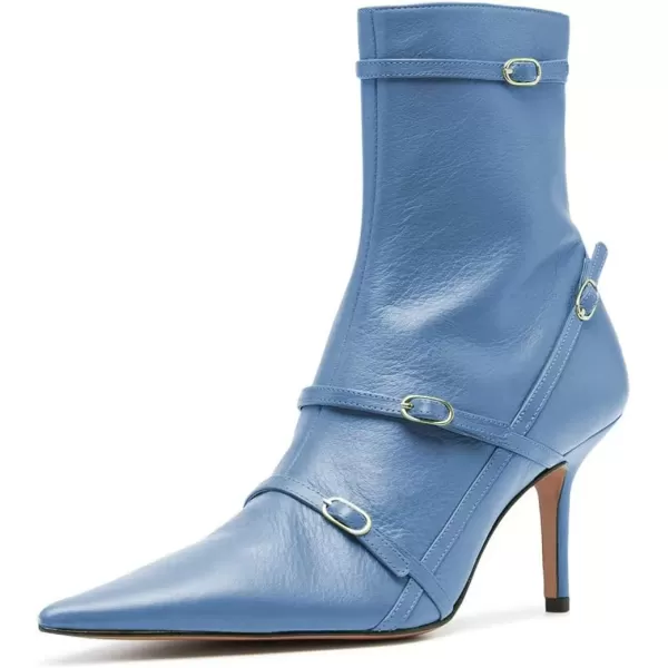 imageFSJ Women Pointed Toe Ankle Boots with Cross Buckle Straps Decoration Fashion Elegant Mid Low Heel Booties Ankle Wrap Zip Up Evening Party Dress Shoes Size 415 USBlue