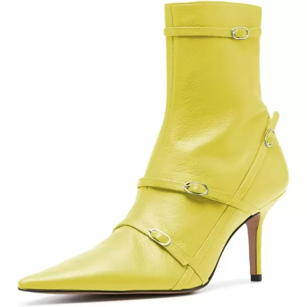 imageFSJ Women Pointed Toe Ankle Boots with Cross Buckle Straps Decoration Fashion Elegant Mid Low Heel Booties Ankle Wrap Zip Up Evening Party Dress Shoes Size 415 USLemon