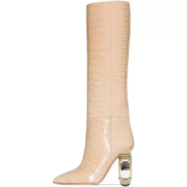 imageFSJ Women Trendy Studded Knee High Stretch Long Boots Pointed Toe Crystal Block Chunky Heel Comfort Winter Warm Faux Suede Pull On Shoes Size 415 USApricot