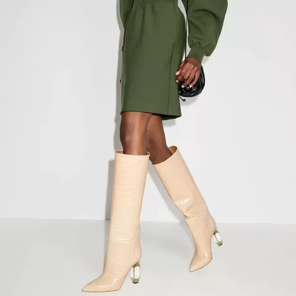 imageFSJ Women Trendy Studded Knee High Stretch Long Boots Pointed Toe Crystal Block Chunky Heel Comfort Winter Warm Faux Suede Pull On Shoes Size 415 USApricot