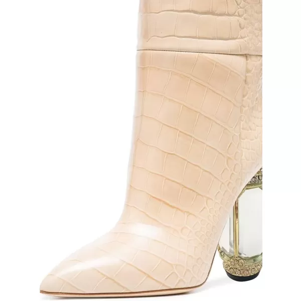 imageFSJ Women Trendy Studded Knee High Stretch Long Boots Pointed Toe Crystal Block Chunky Heel Comfort Winter Warm Faux Suede Pull On Shoes Size 415 USApricot