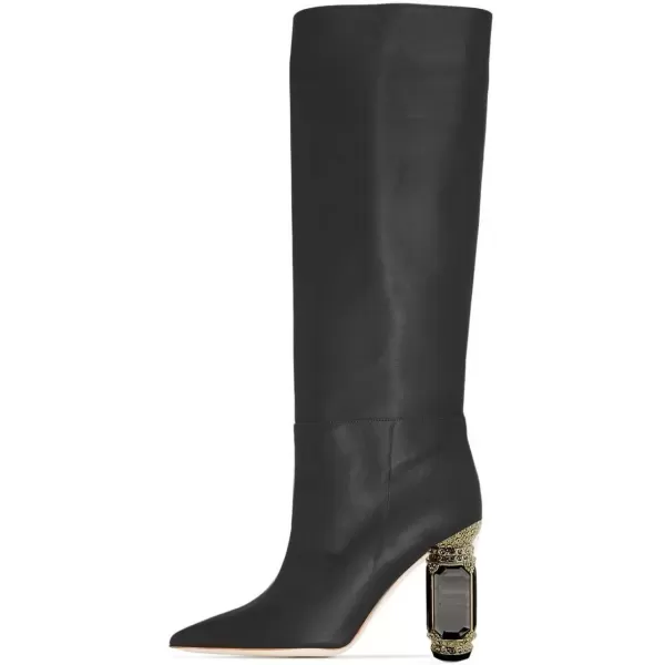 imageFSJ Women Trendy Studded Knee High Stretch Long Boots Pointed Toe Crystal Block Chunky Heel Comfort Winter Warm Faux Suede Pull On Shoes Size 415 USBlack Matte Leather