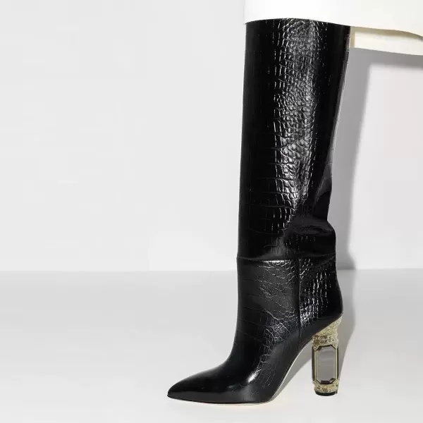 imageFSJ Women Trendy Studded Knee High Stretch Long Boots Pointed Toe Crystal Block Chunky Heel Comfort Winter Warm Faux Suede Pull On Shoes Size 415 USBlack1