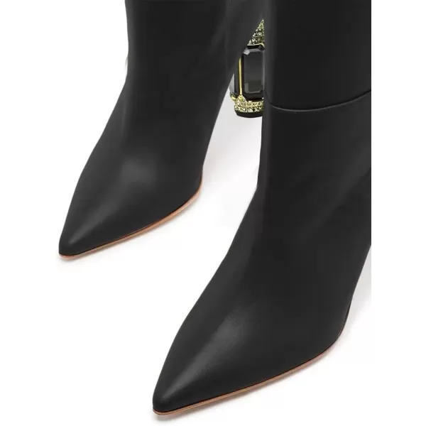 imageFSJ Women Trendy Studded Knee High Stretch Long Boots Pointed Toe Crystal Block Chunky Heel Comfort Winter Warm Faux Suede Pull On Shoes Size 415 USBlack Matte Leather