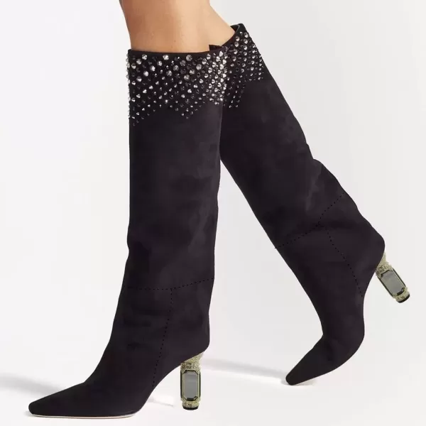imageFSJ Women Trendy Studded Knee High Stretch Long Boots Pointed Toe Crystal Block Chunky Heel Comfort Winter Warm Faux Suede Pull On Shoes Size 415 USBlack