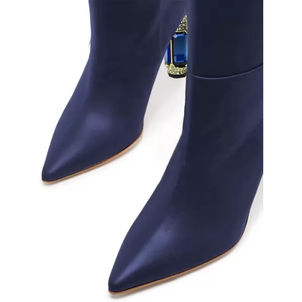 imageFSJ Women Trendy Studded Knee High Stretch Long Boots Pointed Toe Crystal Block Chunky Heel Comfort Winter Warm Faux Suede Pull On Shoes Size 415 USBlue