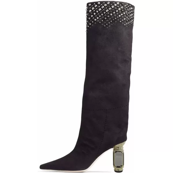 imageFSJ Women Trendy Studded Knee High Stretch Long Boots Pointed Toe Crystal Block Chunky Heel Comfort Winter Warm Faux Suede Pull On Shoes Size 415 USBlack