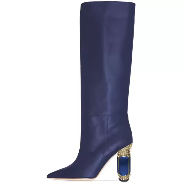 imageFSJ Women Trendy Studded Knee High Stretch Long Boots Pointed Toe Crystal Block Chunky Heel Comfort Winter Warm Faux Suede Pull On Shoes Size 415 USBlue
