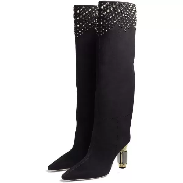 imageFSJ Women Trendy Studded Knee High Stretch Long Boots Pointed Toe Crystal Block Chunky Heel Comfort Winter Warm Faux Suede Pull On Shoes Size 415 USBlack