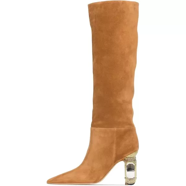 imageFSJ Women Trendy Studded Knee High Stretch Long Boots Pointed Toe Crystal Block Chunky Heel Comfort Winter Warm Faux Suede Pull On Shoes Size 415 USBrown