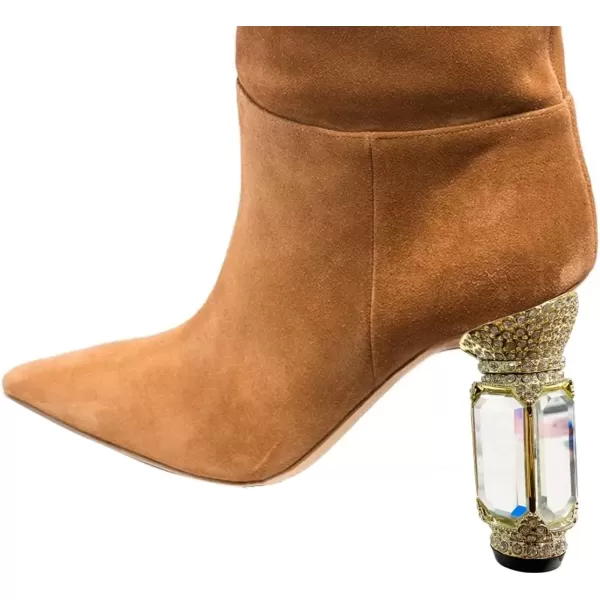 imageFSJ Women Trendy Studded Knee High Stretch Long Boots Pointed Toe Crystal Block Chunky Heel Comfort Winter Warm Faux Suede Pull On Shoes Size 415 USBrown