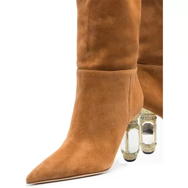 imageFSJ Women Trendy Studded Knee High Stretch Long Boots Pointed Toe Crystal Block Chunky Heel Comfort Winter Warm Faux Suede Pull On Shoes Size 415 USBrown