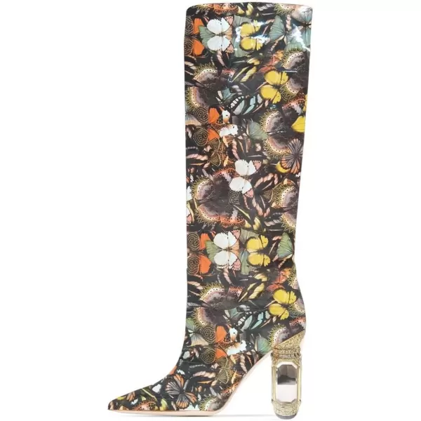 imageFSJ Women Trendy Studded Knee High Stretch Long Boots Pointed Toe Crystal Block Chunky Heel Comfort Winter Warm Faux Suede Pull On Shoes Size 415 USButterfly