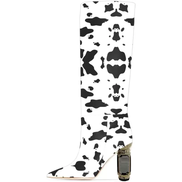 imageFSJ Women Trendy Studded Knee High Stretch Long Boots Pointed Toe Crystal Block Chunky Heel Comfort Winter Warm Faux Suede Pull On Shoes Size 415 USCow