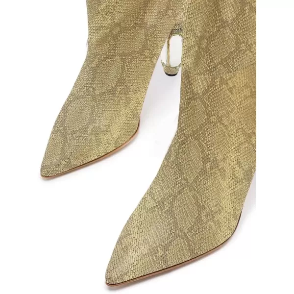 imageFSJ Women Trendy Studded Knee High Stretch Long Boots Pointed Toe Crystal Block Chunky Heel Comfort Winter Warm Faux Suede Pull On Shoes Size 415 USGold Snakeskin