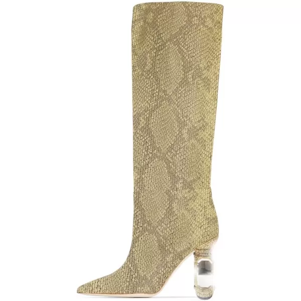 imageFSJ Women Trendy Studded Knee High Stretch Long Boots Pointed Toe Crystal Block Chunky Heel Comfort Winter Warm Faux Suede Pull On Shoes Size 415 USGold Snakeskin