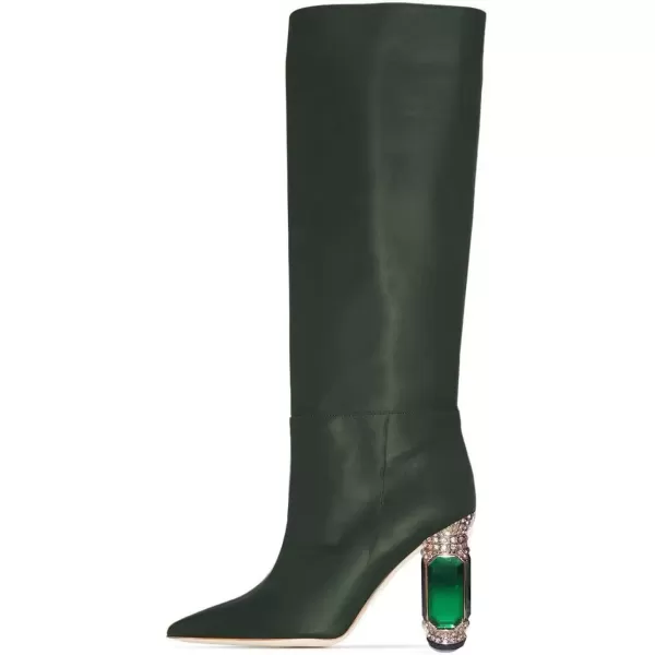 imageFSJ Women Trendy Studded Knee High Stretch Long Boots Pointed Toe Crystal Block Chunky Heel Comfort Winter Warm Faux Suede Pull On Shoes Size 415 USGreen