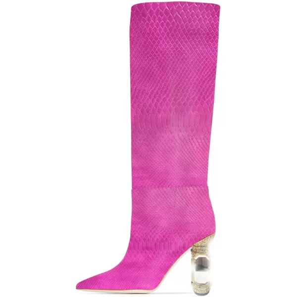 imageFSJ Women Trendy Studded Knee High Stretch Long Boots Pointed Toe Crystal Block Chunky Heel Comfort Winter Warm Faux Suede Pull On Shoes Size 415 USHot Pink Crocodile