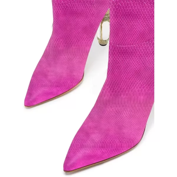 imageFSJ Women Trendy Studded Knee High Stretch Long Boots Pointed Toe Crystal Block Chunky Heel Comfort Winter Warm Faux Suede Pull On Shoes Size 415 USHot Pink Crocodile
