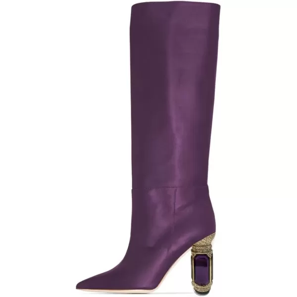 imageFSJ Women Trendy Studded Knee High Stretch Long Boots Pointed Toe Crystal Block Chunky Heel Comfort Winter Warm Faux Suede Pull On Shoes Size 415 USPurple