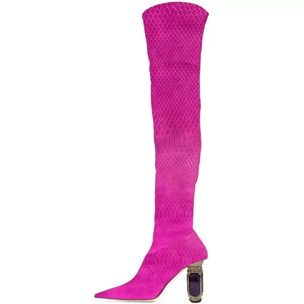 imageFSJ Women Winter Over The Knee Boots Crystal Chunky High Heel Stretch Thigh High Fashion Zipper Long Boots Warm Shoes Size 415 USCrocodile Fuchsia