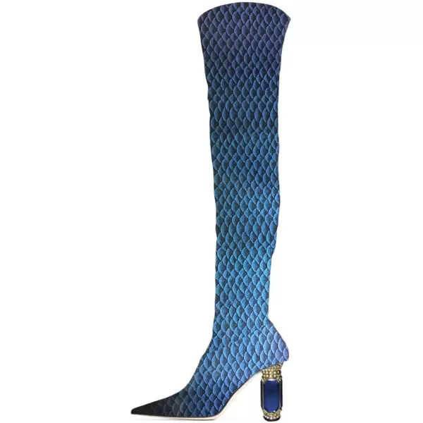 imageFSJ Women Winter Over The Knee Boots Crystal Chunky High Heel Stretch Thigh High Fashion Zipper Long Boots Warm Shoes Size 415 USScale Blue