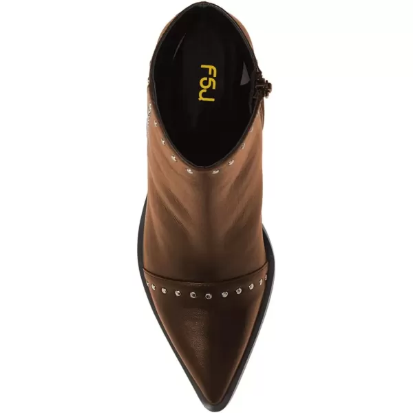 imageFSJ Women Block Low Mid Heels Ankle Boots Pointy Toe Rivets Studs Boots Party Office Shoes with Side Zipper Size 415 USBrown
