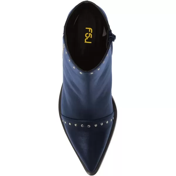 imageFSJ Women Block Low Mid Heels Ankle Boots Pointy Toe Rivets Studs Boots Party Office Shoes with Side Zipper Size 415 USNavy