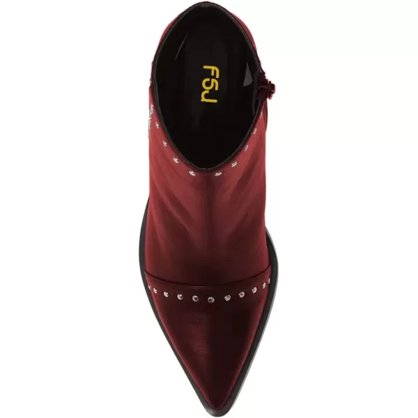 imageFSJ Women Block Low Mid Heels Ankle Boots Pointy Toe Rivets Studs Boots Party Office Shoes with Side Zipper Size 415 USWine Red