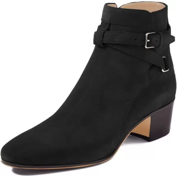 imageFSJ Women Elegant Round Toe Ankle Boots Comfortable Walking Mid High Chunky Heel Strappy Buckle Dress Shoes Size 415 M USBlack
