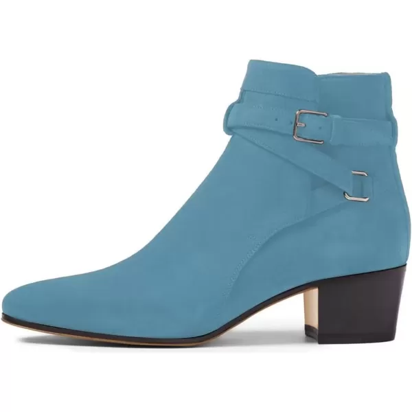 imageFSJ Women Elegant Round Toe Ankle Boots Comfortable Walking Mid High Chunky Heel Strappy Buckle Dress Shoes Size 415 M USBlue