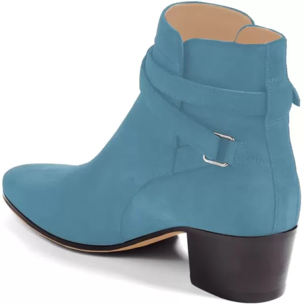 imageFSJ Women Elegant Round Toe Ankle Boots Comfortable Walking Mid High Chunky Heel Strappy Buckle Dress Shoes Size 415 M USBlue