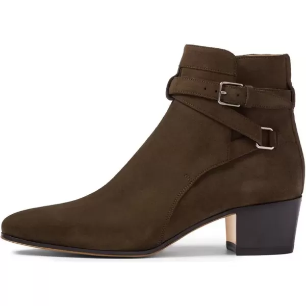 imageFSJ Women Elegant Round Toe Ankle Boots Comfortable Walking Mid High Chunky Heel Strappy Buckle Dress Shoes Size 415 M USBrown