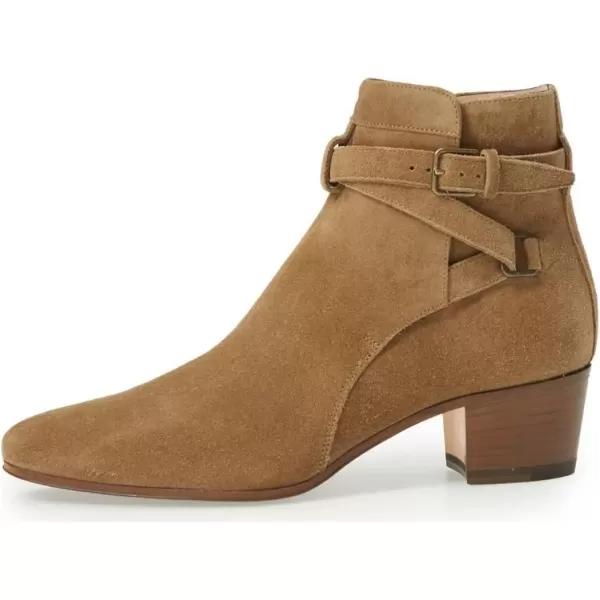 imageFSJ Women Elegant Round Toe Ankle Boots Comfortable Walking Mid High Chunky Heel Strappy Buckle Dress Shoes Size 415 M USCamel