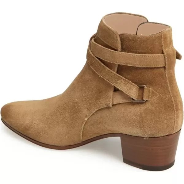 imageFSJ Women Elegant Round Toe Ankle Boots Comfortable Walking Mid High Chunky Heel Strappy Buckle Dress Shoes Size 415 M USCamel