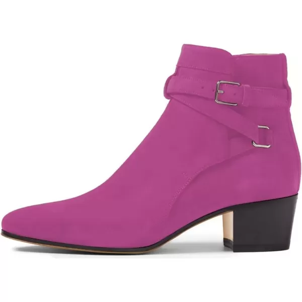 imageFSJ Women Elegant Round Toe Ankle Boots Comfortable Walking Mid High Chunky Heel Strappy Buckle Dress Shoes Size 415 M USFushcia