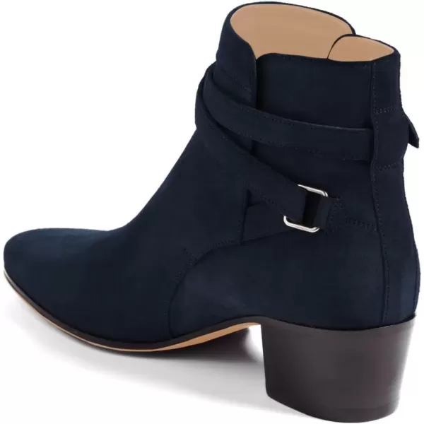 imageFSJ Women Elegant Round Toe Ankle Boots Comfortable Walking Mid High Chunky Heel Strappy Buckle Dress Shoes Size 415 M USNavy